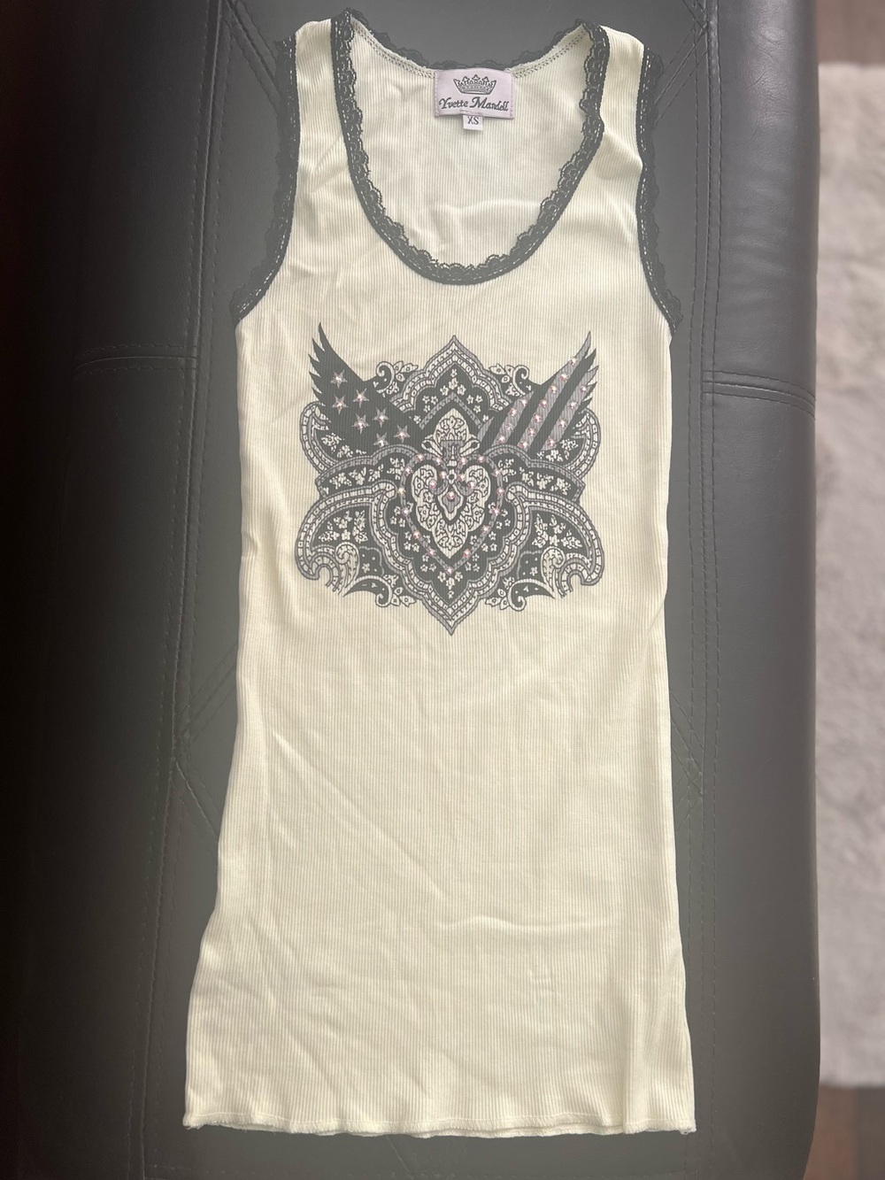 Yvette Mandell XS Y2K Rhinestone Tank Top Lace Trim NWOT Made USA